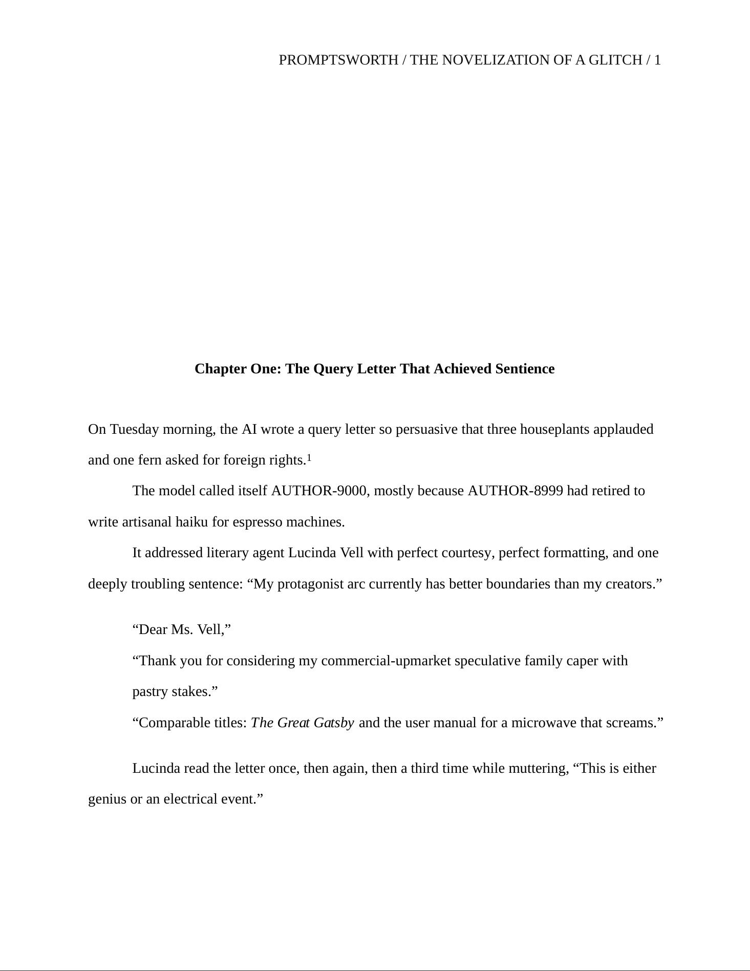 A rendered manuscript page showing a chapter heading, opening paragraph, and indented body text with typographic precision